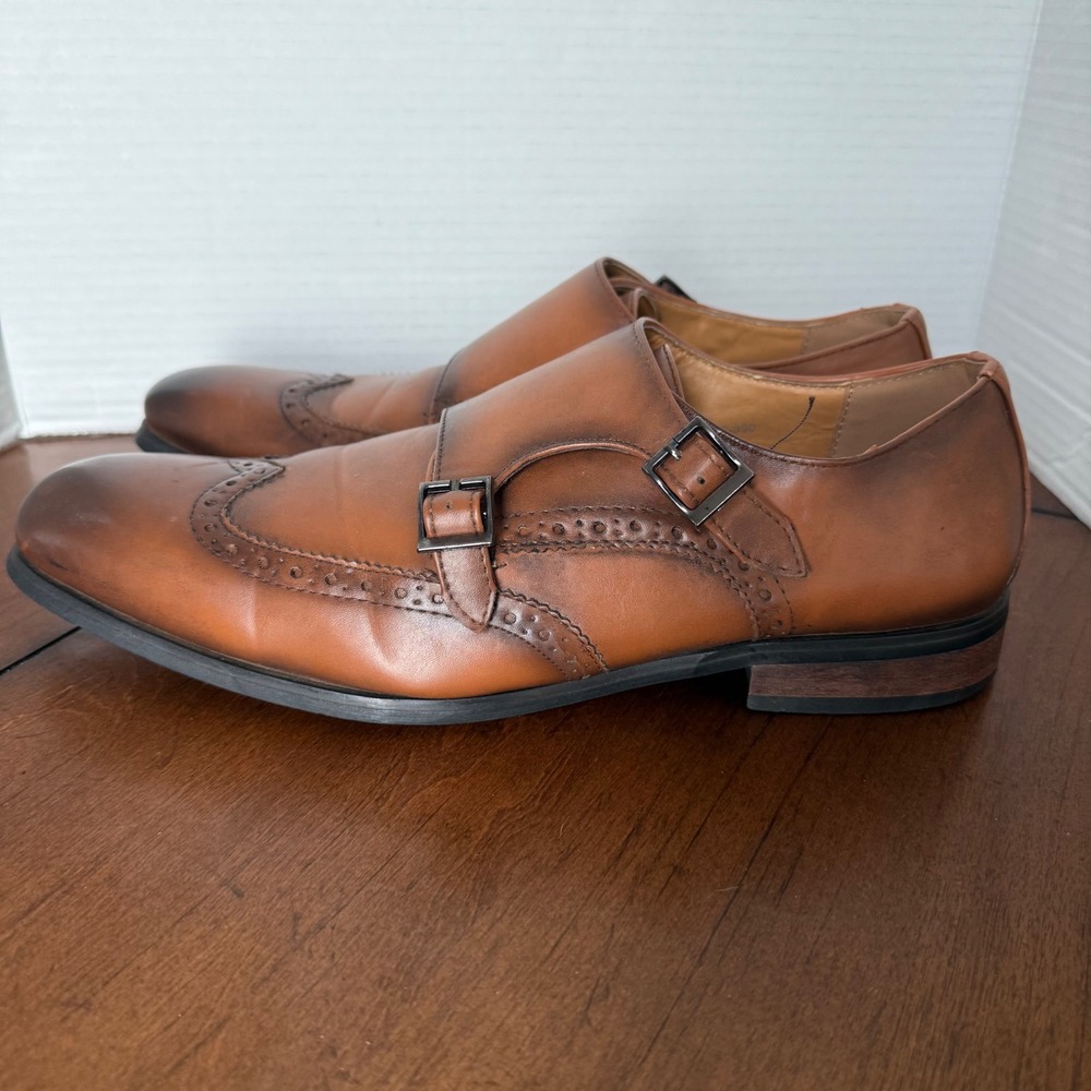 Santino Luciano Mens Tan Brown Leather Wingtip Double Monk Strap Shoes Size 9.5